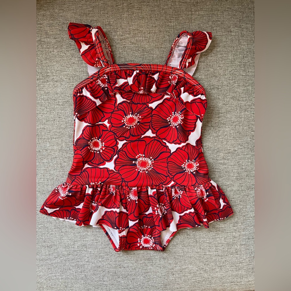 Janie & Jack Red Poppy Peplum Swimsuit - 6-12M Baby Girl
